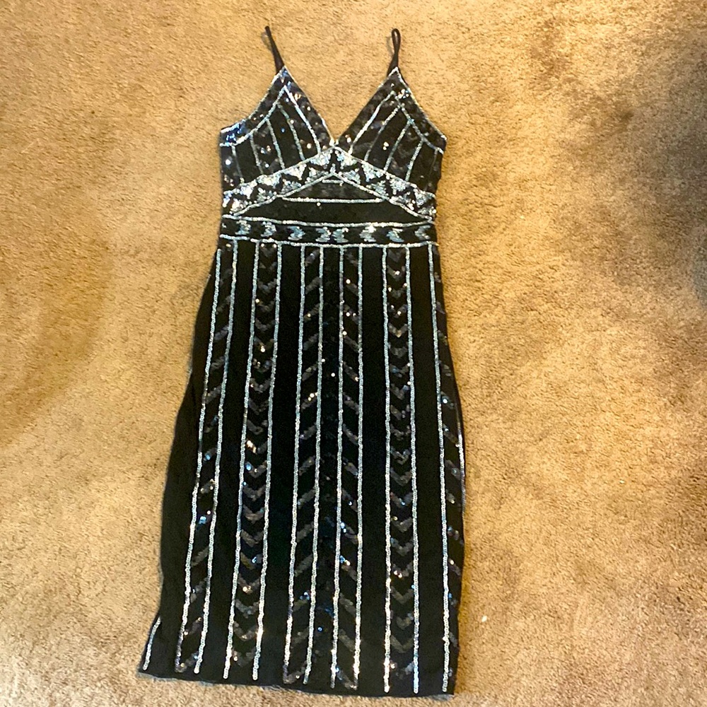 Express womens Sz S sequin black silver pencil dress flapper vibes